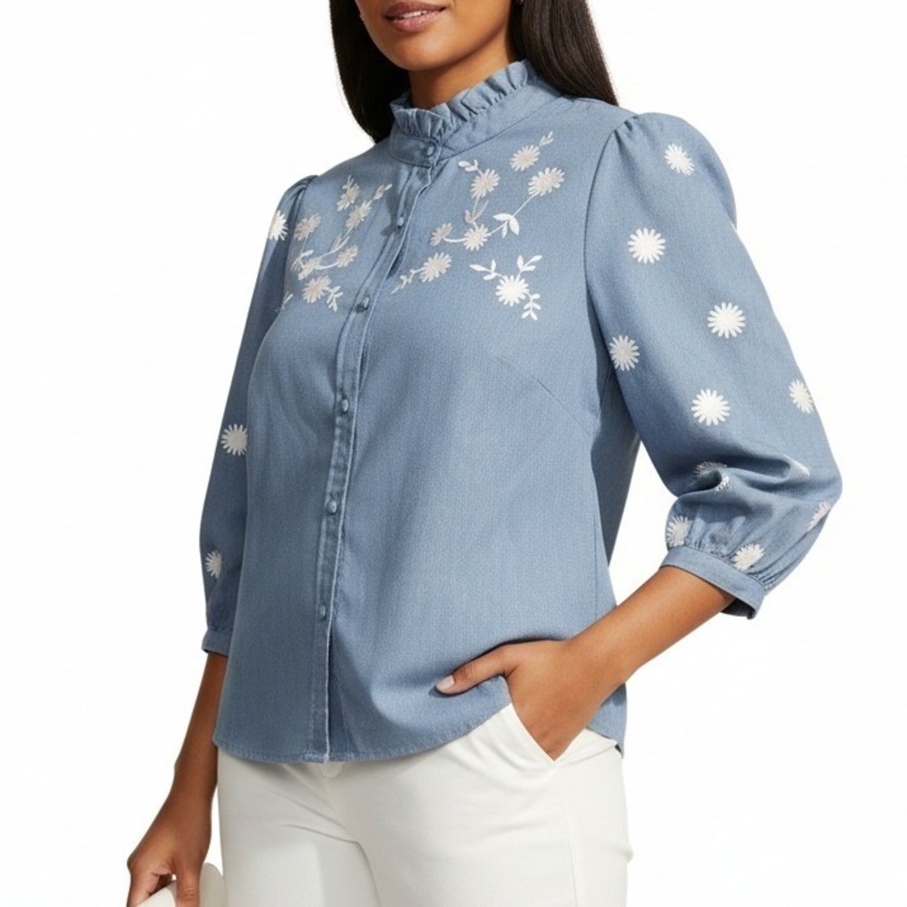 Simplee Women's Blue Daisy Floral‎ Puff Sleeve Blouse Ruffle Collar Large